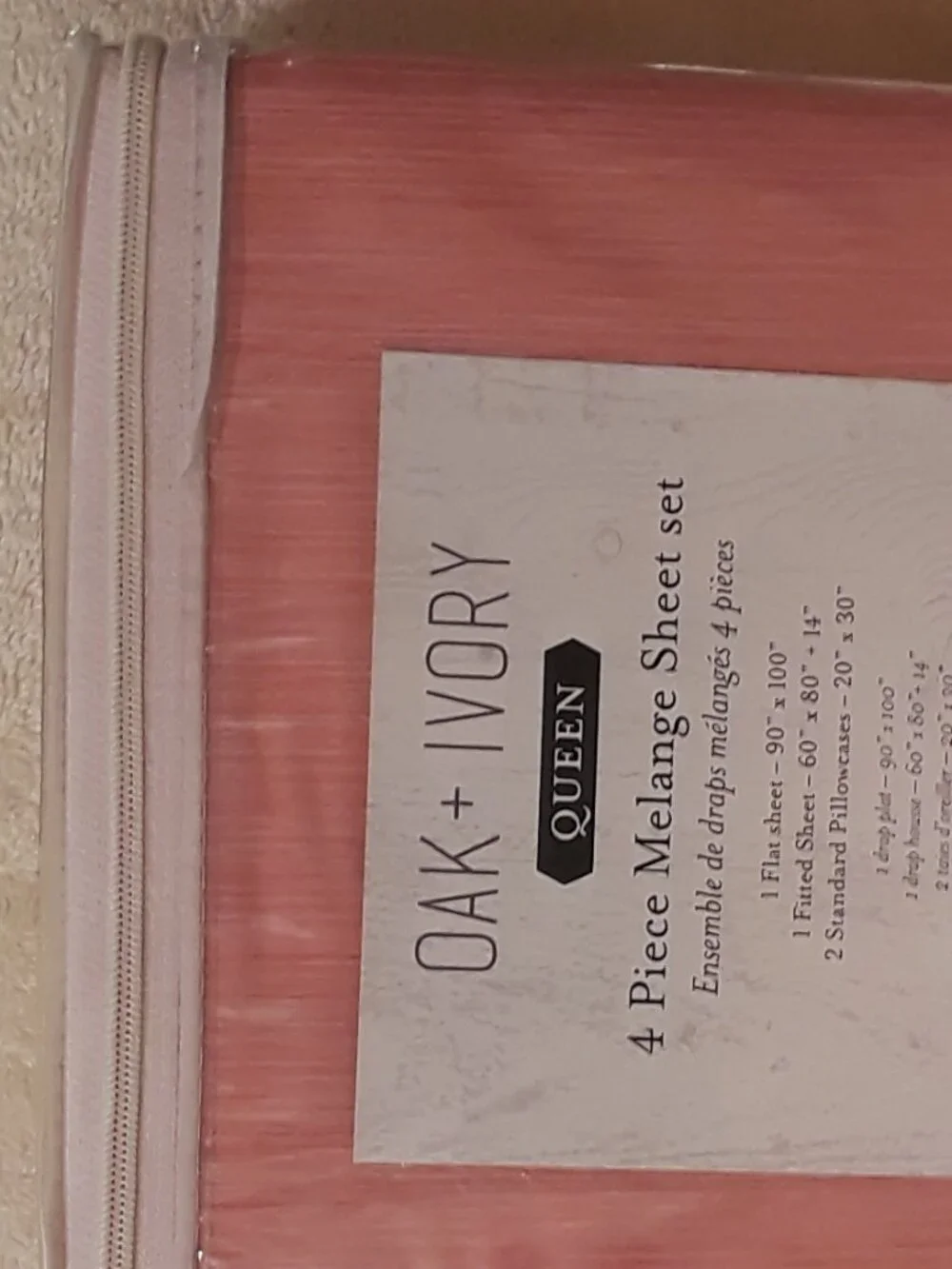 Oak + Ivory Queen Sheet Set 4-Pc Melange Peachy/Pink Microfiber NWT Bedding